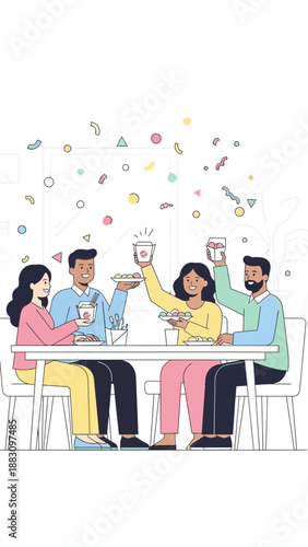 Joyful Gathering of Friends Celebrating With Food and Drinks Around a Table With Confetti