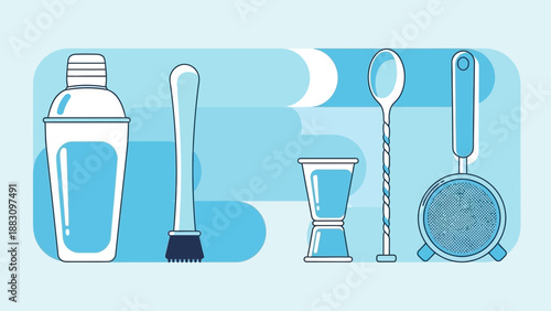 Minimalist Blue Cocktail Utensils Illustration for Mixing Refreshing and Invigorating Drinks