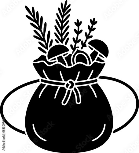Witchcraft herbs and mushrooms in a black bag glyph icon. Magic collection of ingredients for potion. Vector illustration for ceremony design