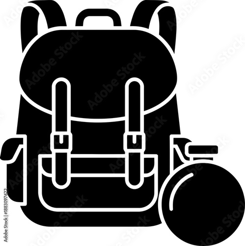 Backpack and water bottle icon. Camping, hiking and adventure travel equipment symbol in glyph black style for web and app design