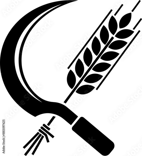 Symbol of agriculture featuring a stylized black sickle and a wheat ear, representing harvest and farming, vector illustration