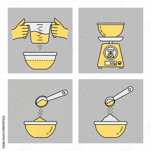 Kitchen Preparation Illustrations: Precise Ingredient Measurement and Culinary Process Guidance