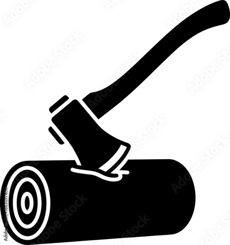 Axe embedded in a cut log or firewood, black silhouette tool for lumberjack or woodcutter work concept. Vector illustration