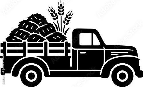 Black old vintage truck icon carrying hay bales and wheat. Farm harvest season symbol illustration for agriculture, ranch, rural concept