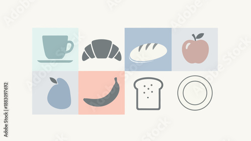 Minimalist Breakfast Elements Arranged On A Variety Of Colorfully Toned Squares