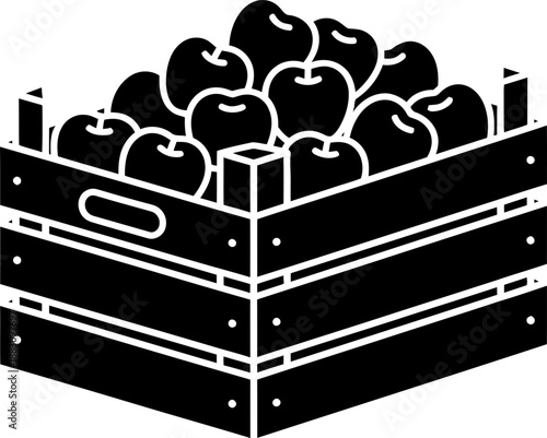 Wooden crate full of fresh apples. Farmers market, harvest and agriculture concept. Food storage. Vector icon for grocery store