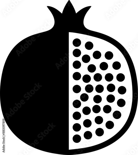 Black pomegranate half with seeds illustration. Fruit or food concept. Pictogram monochrome symbol for web, app, print. Minimalist vector illustration