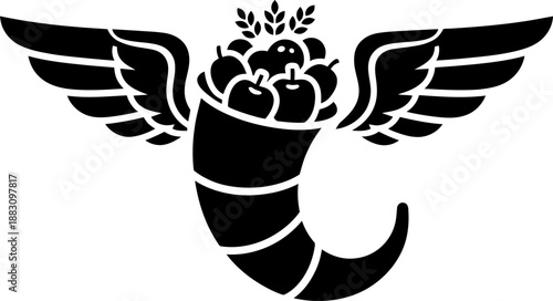 Black cornucopia full of fruit and leaves with wings. Abundance and prosperity symbol. Vector illustration for logo, emblem