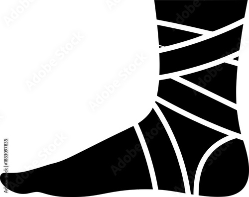 Ankle with bandage in black color, injury and rehabilitation concept. Vector illustration for icon, medical design, clinic, support
