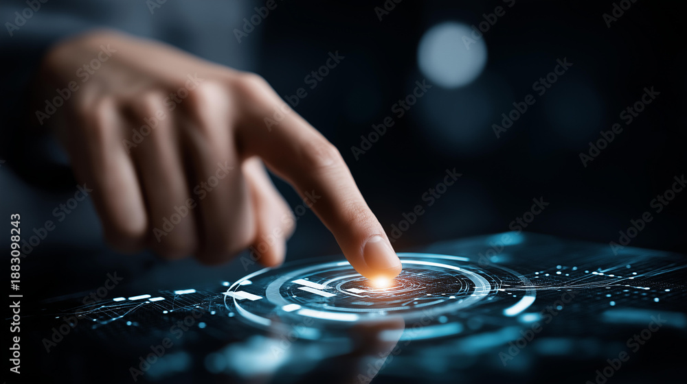 Obraz premium Faceless close-up of hand pointing at glowing digital interface with abstract data visualization, futuristic technology concept interaction, with copy space