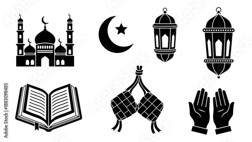 Islamic symbols and cultural elements including mosque, Quran, crescent moon, ketupat, lanterns, and praying hands