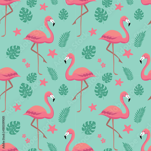  Pink flamingos and tropical leaves seamless pattern