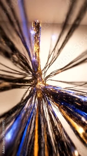 Abstract shimmering tinsel curtain with golden and blue strands creating a festive background.