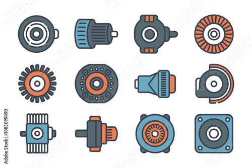 A collection of various electric motor components and parts on a white background