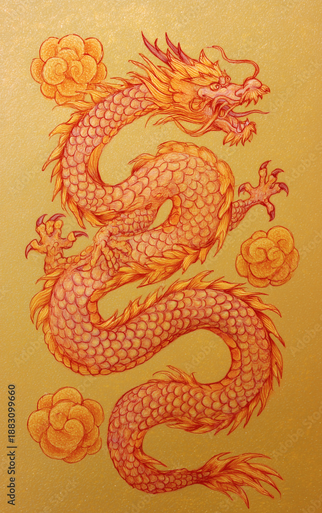 Fototapeta premium Traditional Red Dragon on Gold Background