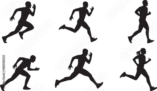 Six black silhouette runners in various poses on white background for fitness and sports concepts