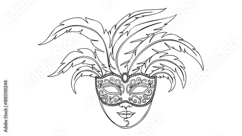 Single line Venetian carnival mask with feathers elegant masquerade mystery illustration