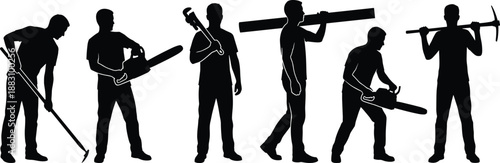 Black silhouette set of construction and industrial workers holding tools in various working poses, manual labor workforce illustration isolated on white background