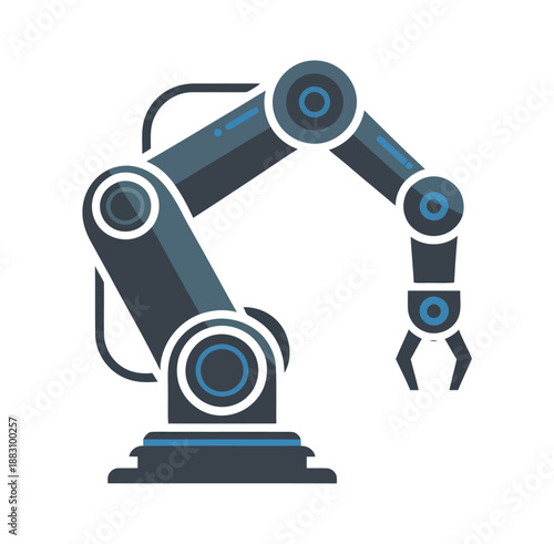 A robotic arm is shown in a neutral white space for industry and technology concepts
