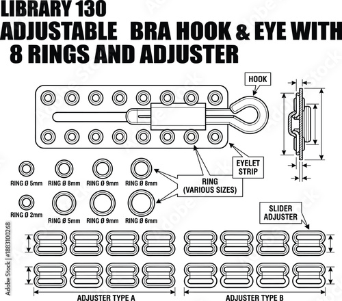 Flat vector illustration, bra hardware, adjustable hook and eye, lingerie fastener, rings, slider adjuster, technical drawing, sewing parts