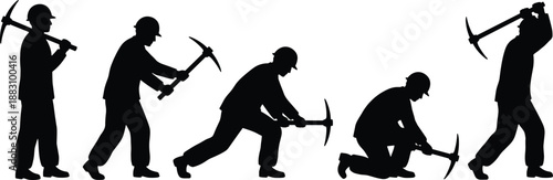 Silhouette sequence of miners working with pickaxes showing mining process, labor stages, industrial workforce concept isolated on white background vector illustration flat design