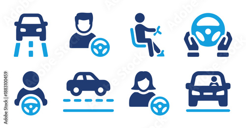 Driving Icons Set Car Driver Vehicle Steering Wheel Road Safety Transportation Automobile Travel Trip Journey Control Navigation Direction Transport Drive License