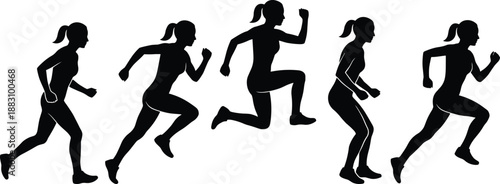 Black silhouette sequence of athletic woman running and jumping showing dynamic motion phases, female fitness training progression isolated on white background vector style illustration