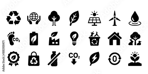 Ecological Icons Collection in Black Color Recycle Globe Tree Leaf Solar Panel Wind Turbine Water Drop Footprint Battery Industry Light Bulb House Plant Badge