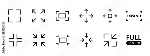 Expand and fullscreen icon set illustration representing maximize resize zoom enlarge extend showing control options for website ui design