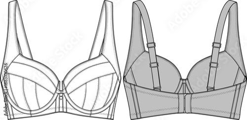 Bra technical flat CAD drawing, front and back view vector illustration for lingerie design, apparel manufacturing, fashion documentation, template, pattern