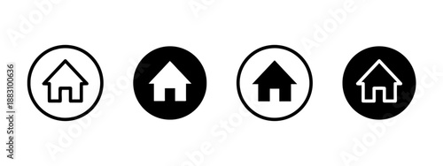 Home Icons Representing Navigation Buttons for Website or Mobile App Circle Frames with White and Black Colors Simple Minimalist Style Vector Illustration