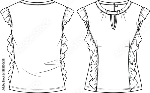 Women blouse technical flat CAD drawing, front and back view vector illustration for fashion design, apparel production, garment specification