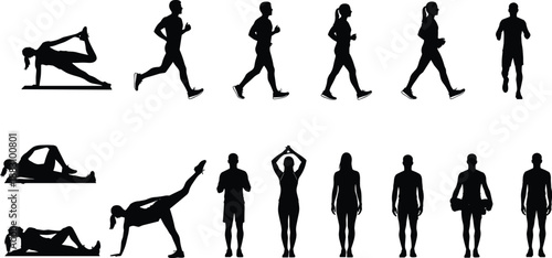 Fitness and exercise silhouette collection showing running, walking, yoga, stretching and workout poses, active men and women isolated on white background for sport, health, and training design 