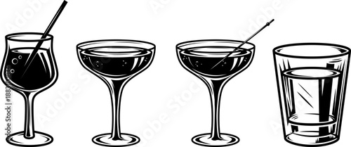 A set of four black and white vector illustrations of cocktail glasses. Each glass features a drinking straw and citrus garnish, rendered in a bold graphic style.