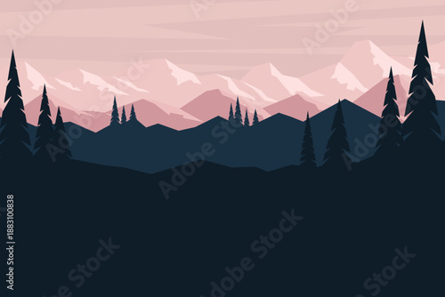 A serene landscape featuring layers of misty mountains under a soft pink sky. Dark silhouettes of pine forests create a striking contrast in the foreground.