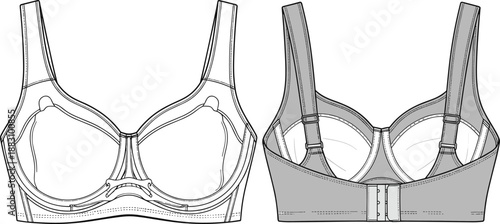 Women supportive bra front and back view technical illustration, CAD drawing flat vector illustration for lingerie underwear fashion apparel design template