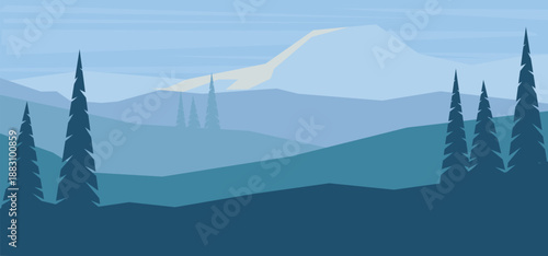 Flat vector illustration of blue majestic mountain peaks under a clear sky with soft clouds. Dark teal silhouettes of pine forests lead into a wide scenic valley.