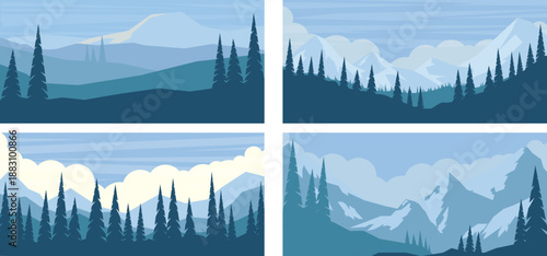 A collection of four flat vector landscapes featuring blue mountain ranges, layered hills, and silhouettes of pine forests under a cloudy sky in a minimalist style.