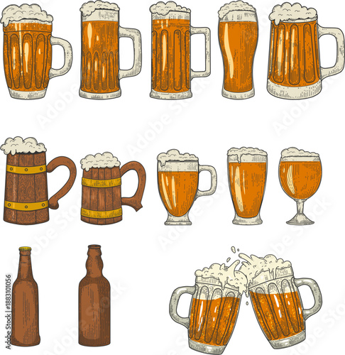 A large collection of vintage-style beer illustrations, including glass mugs, wooden steins, glasses with foam, and brown bottles. Detailed hatching and warm amber tones.