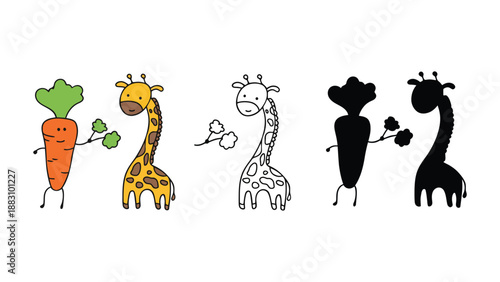 A colorful illustration of cartoon giraffes and vegetables in different styles and colors.