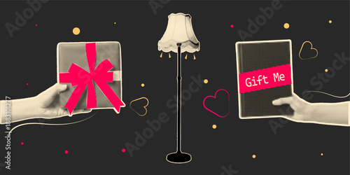 Halftone, pop art, dot style hands holding gift boxes with lamp and heart shapes vector illustration