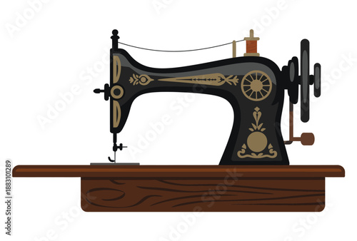 An antique sewing machine sitting on a wooden table against a white background