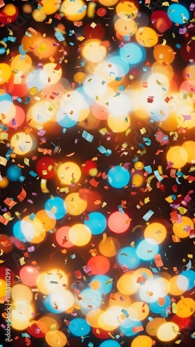 Abstract colorful lights create a vibrant and festive atmosphere. Tiny confetti particles float gracefully, enhancing the celebratory mood