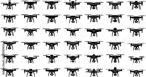 WebDrone silhouette icon set showing multiple quadcopter designs from front and angled views, flat black UAV collection for aerial technology, surveillance, photography, and aviation concepts