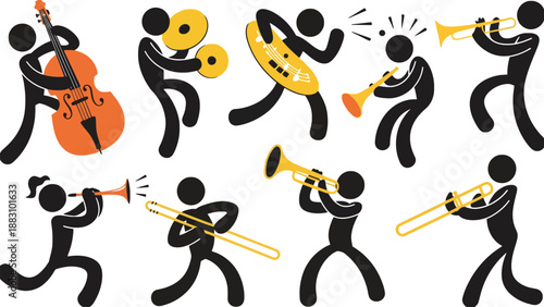 A group of stick figures playing various musical instruments in a lively performance