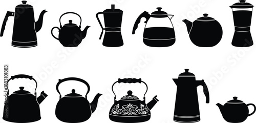 Teapot and kettle silhouette illustration set featuring various classic and modern tea and coffee pots isolated on white background for kitchen, beverage, and home design use