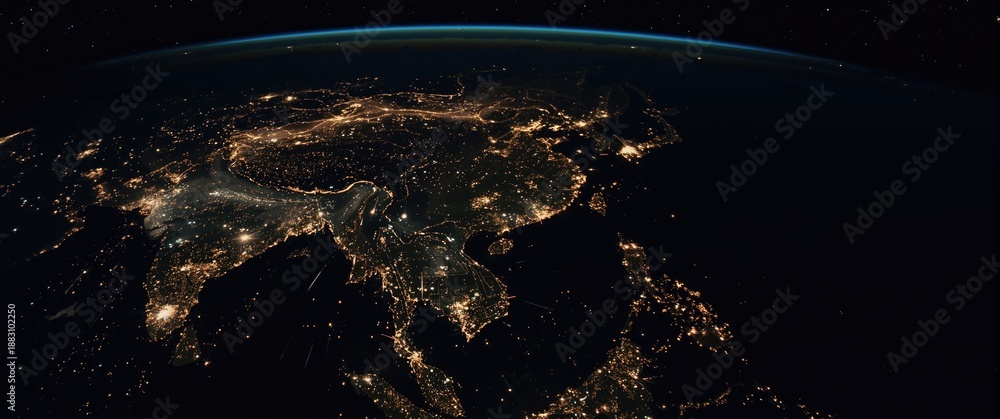 Fototapeta premium Space View of Earth at Night: Lights from China, Taiwan, India, Japan, Thailand, South Korea, and More