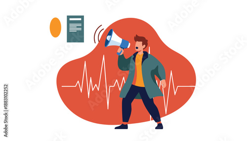 Communication vector with speaker and red waveform background symbolizing voice and broadcast