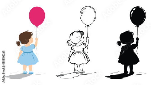Three cartoon girls holding pink and white balloons in different illustration styles