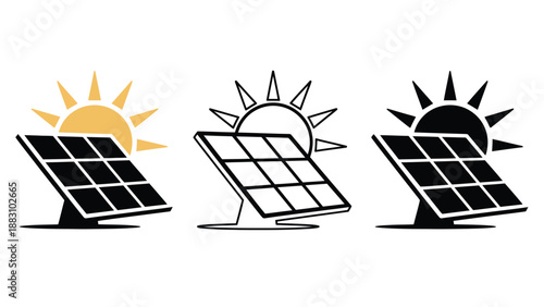 Three solar panels with sun illustrations in different colors and styles